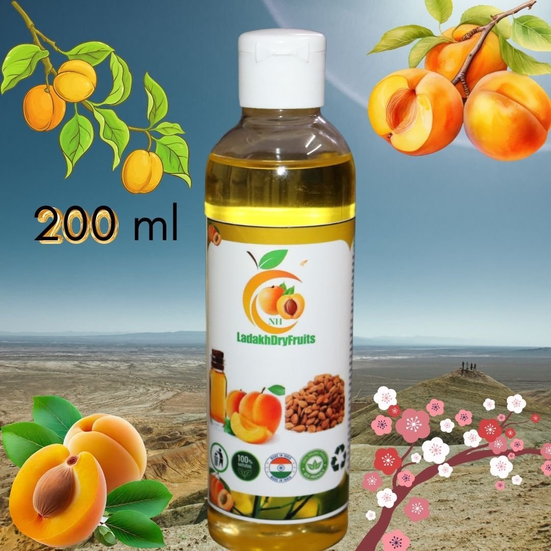 Buy 100% Pure Organic Apricot Oil (Khubani Oil) 200ml by Ladakh Dry Fruits. Cold-pressed, chemical-free oil for skin, hair & body massage. Order online now.